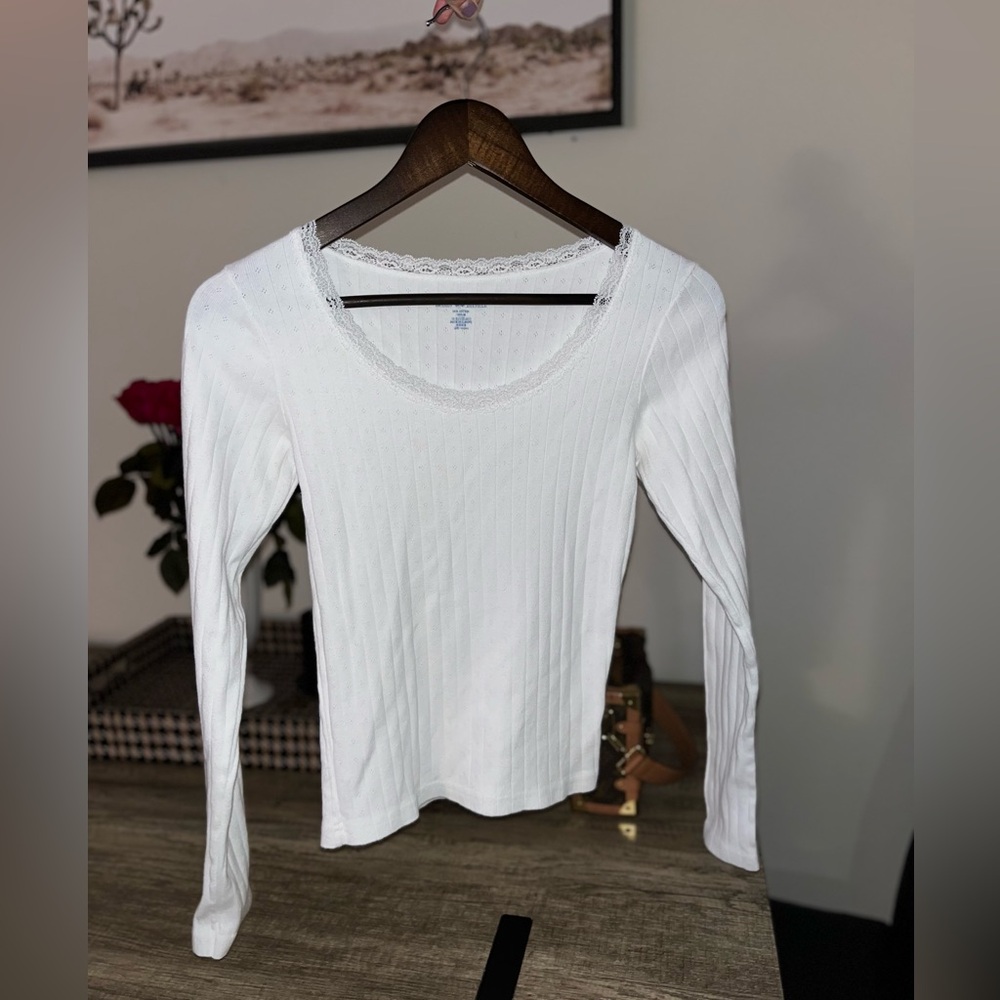 Brandy Melville lace trimmed long sleeve top in white